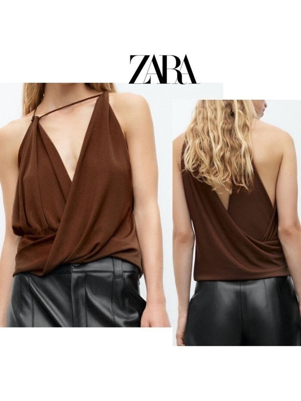 Zara chocolate brown draped wrap halter top sleeveless strappy Sz XS